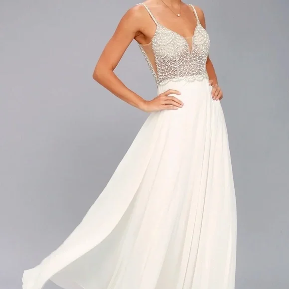 Lulus | Dresses | Nwt True Love White Beaded Rhinestone Maxi Dress